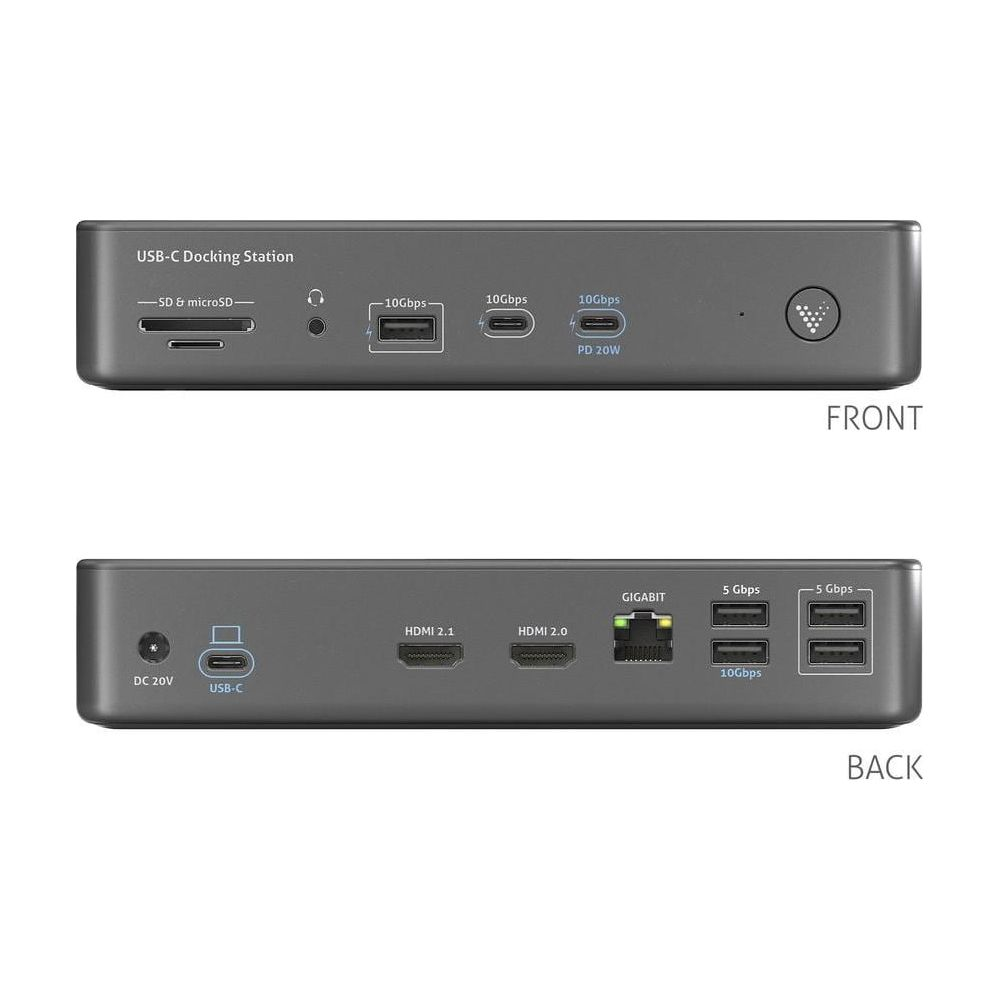 Viste frontale e posteriore di una docking station USB-C che mostra le porte.