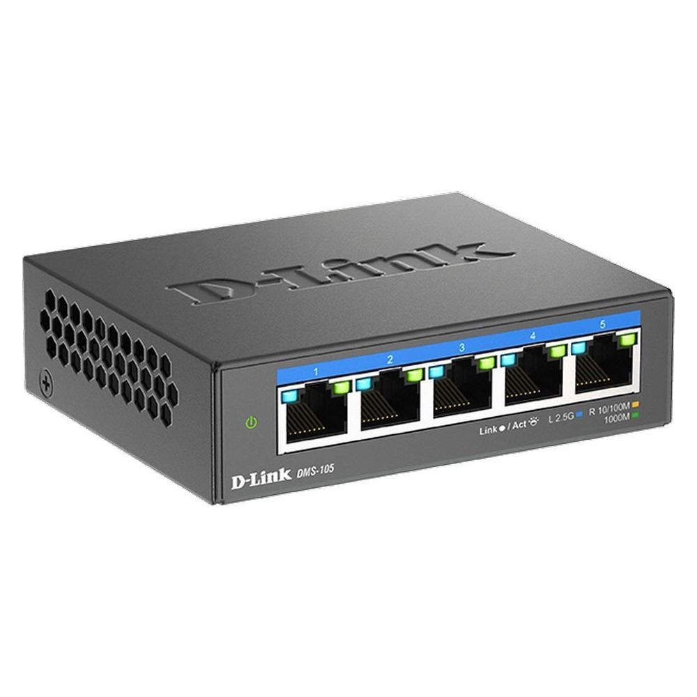 Czarny 5-portowy przełącznik Gigabit D-Link DMS-105 z otworami wentylacyjnymi.