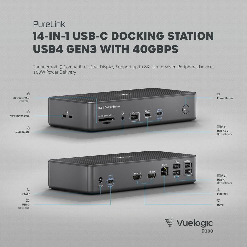 Stazione docking PureLink 14-in-1 USB-C con porte e connessioni da 40 Gbps.
