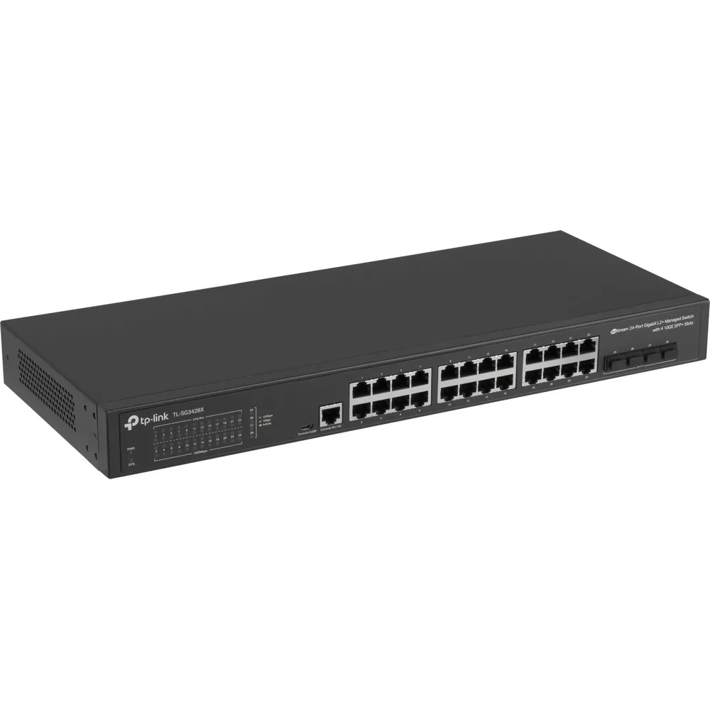 Czarny przełącznik TP-Link Gigabit 24-portowy z 4 slotami SFP.