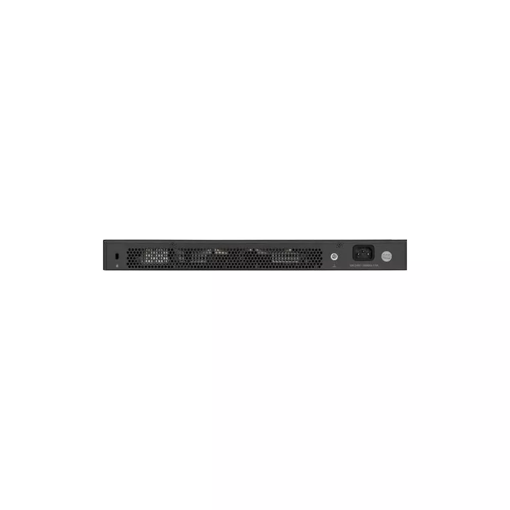 Czarny przełącznik sieciowy z otworami wentylacyjnymi i złączem zasilania.