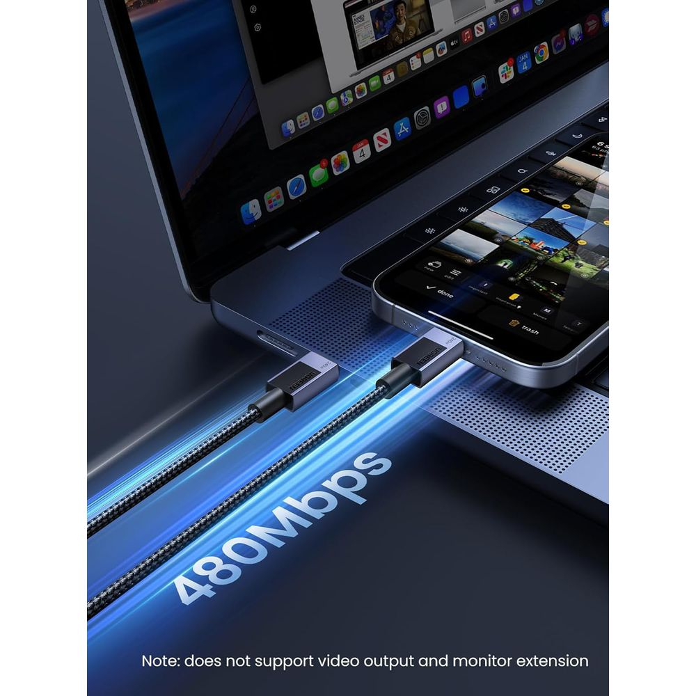 Kabel USB-C łączy smartfon z laptopem. 480Mbps.