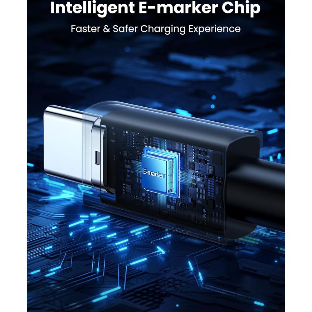 Zbliżenie kabla USB-C ze świecącym chipem E-marker wewnątrz na niebieskim tle.