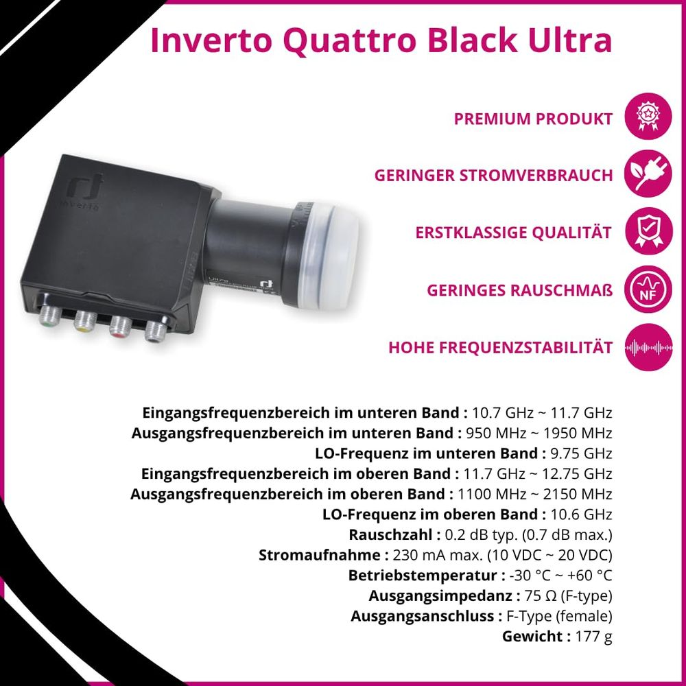 Schwarzer Inverto Quattro Ultra LNB mit Anschlüssen und technischen Daten.