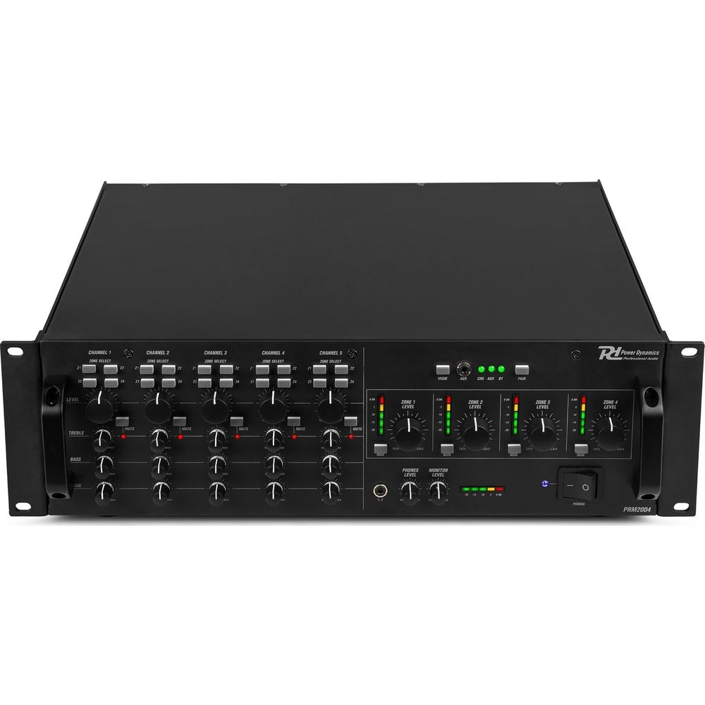 Un mezclador de rack negro con perillas, botones y luces.