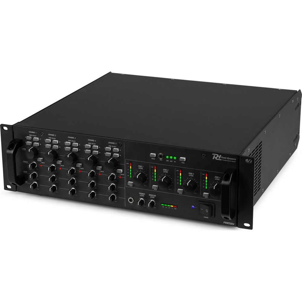 Un mezclador negro de rack de 19 pulgadas con múltiples perillas, deslizadores y botones.