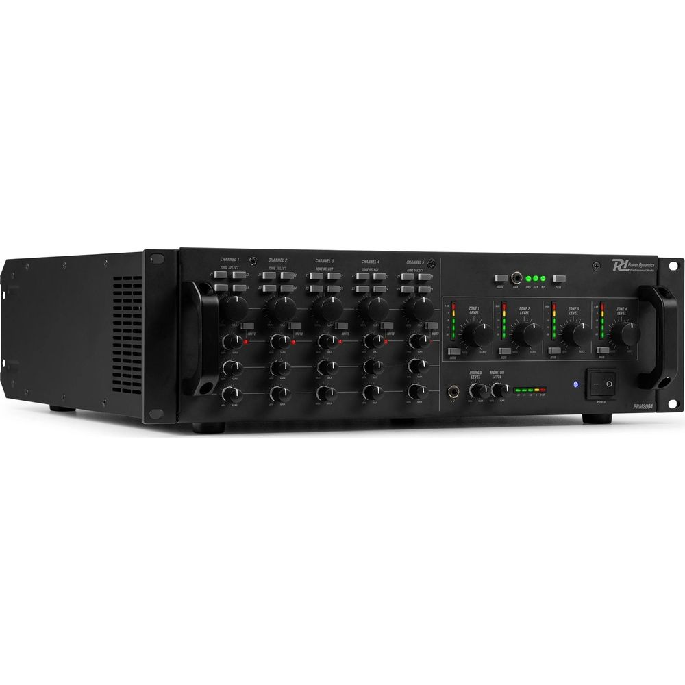 Amplificador negro con 5 canales, perillas y medidores de nivel verdes.