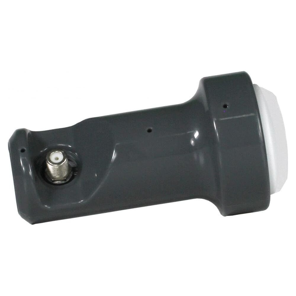 Ein grauer Satelliten-LNB mit weißem Ende und silbernem Anschluss.