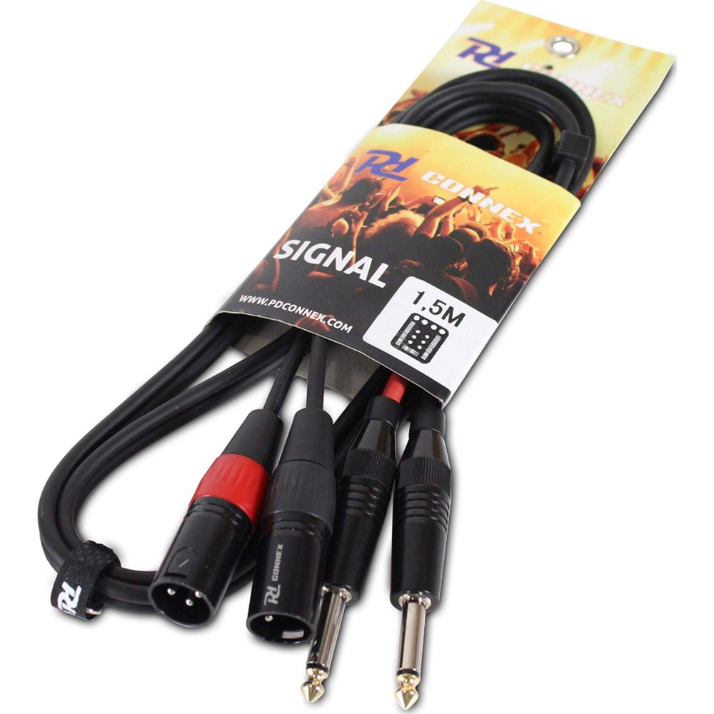 Cable de audio negro con conectores XLR y jack, 1,5m, empaquetado.