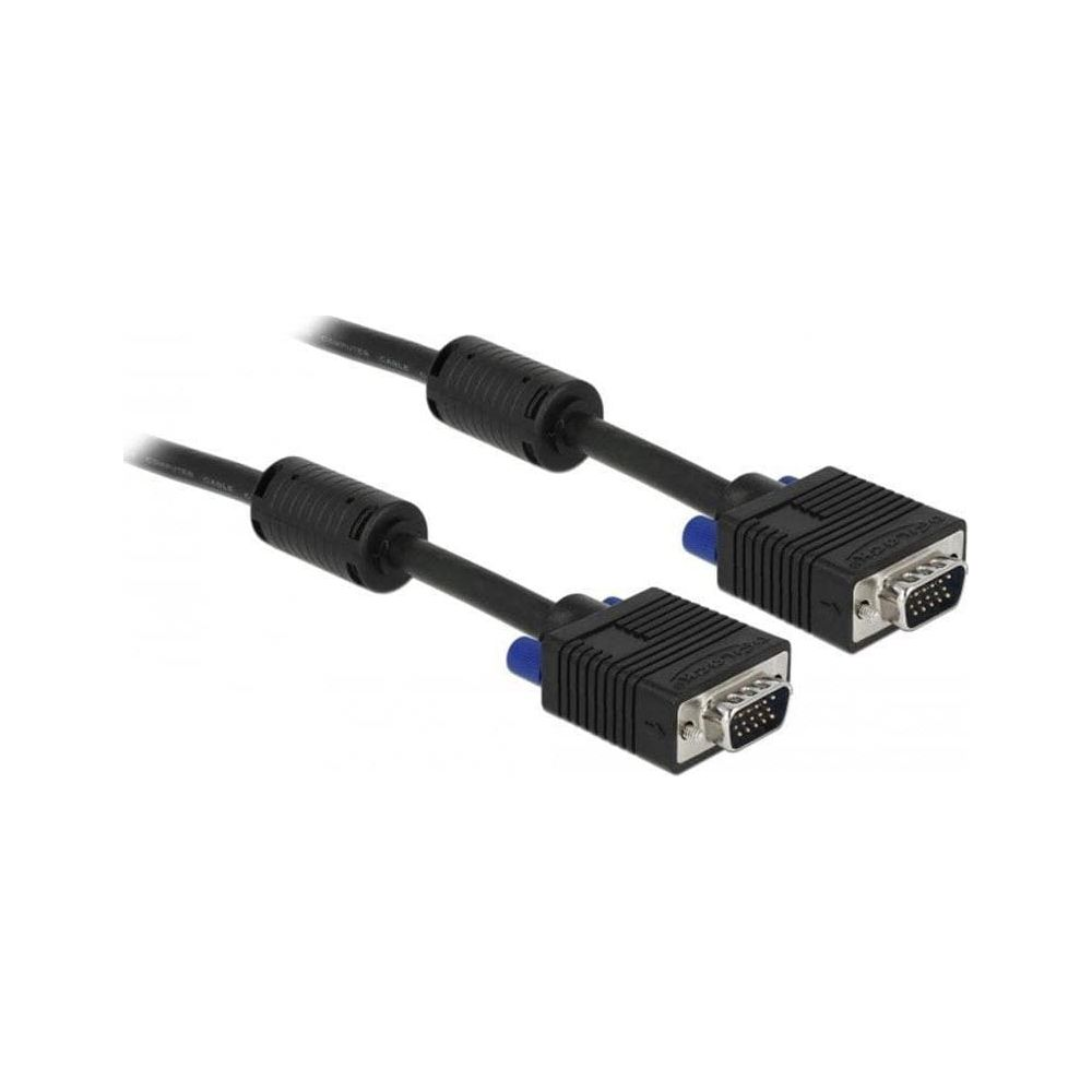 Due cavi VGA neri con connettori blu e pin argentati.