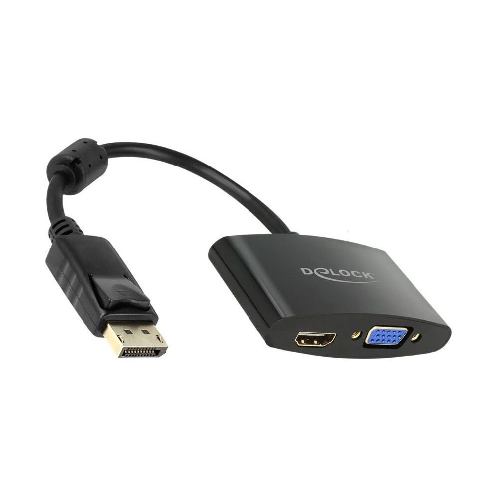 Un adattatore DisplayPort a HDMI VGA nero con cavo.