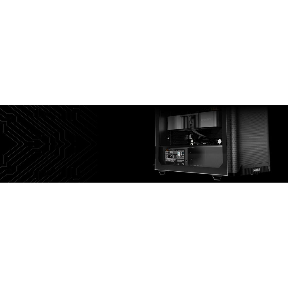 A black computer case with a glass window shows the internal components.
