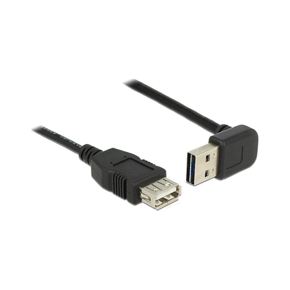Zwarte USB-kabel met haakse connector en USB-A-poort.