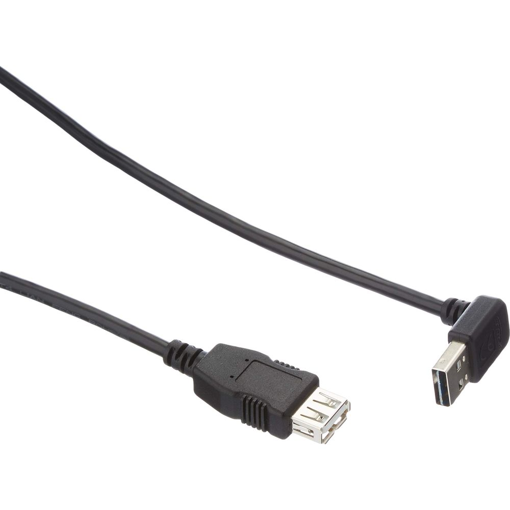 Zwarte USB-kabel met vrouwelijke connector en haakse mannelijke connector.