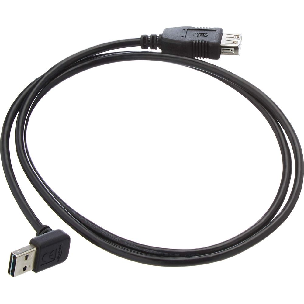 Een zwarte USB-kabel met een haakse connector aan het ene uiteinde en een rechte aan het andere.