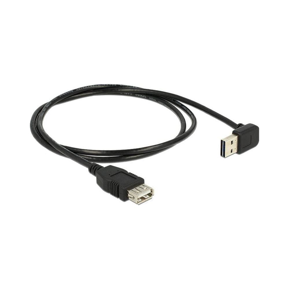 Een zwarte USB-kabel met een haakse connector en een standaardconnector.