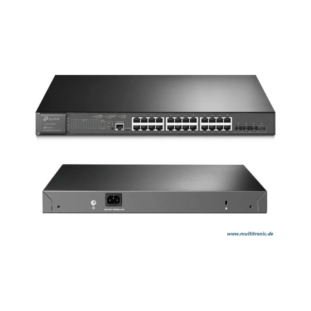 Czarny przełącznik sieciowy z wieloma portami, widok z przodu i z tyłu.