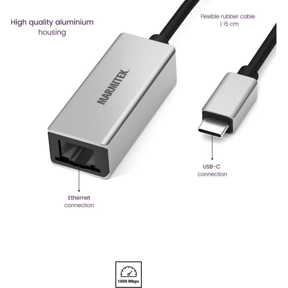 Marmitek USB-C auf Ethernet Adapter mit 1000 Mbps.