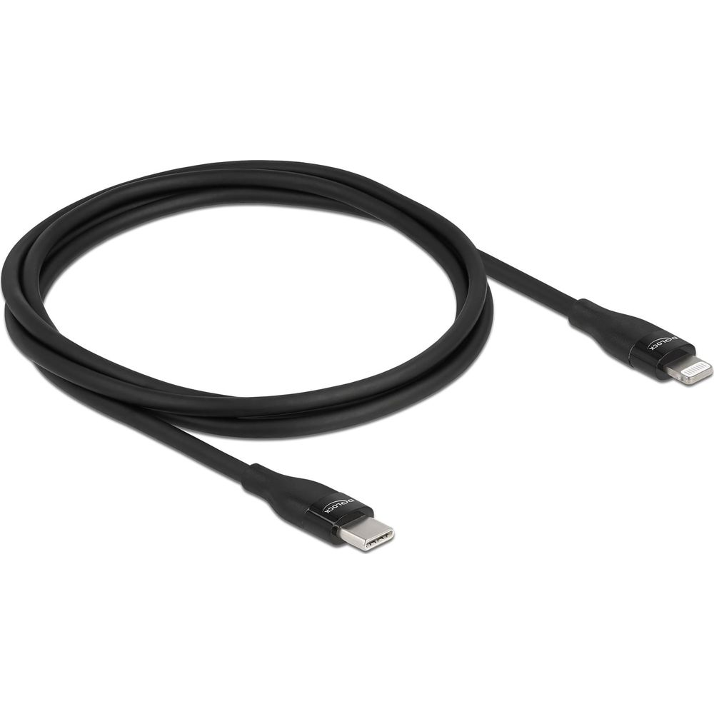 Un cavo USB-C a Lightning nero con connettori su entrambe le estremità.