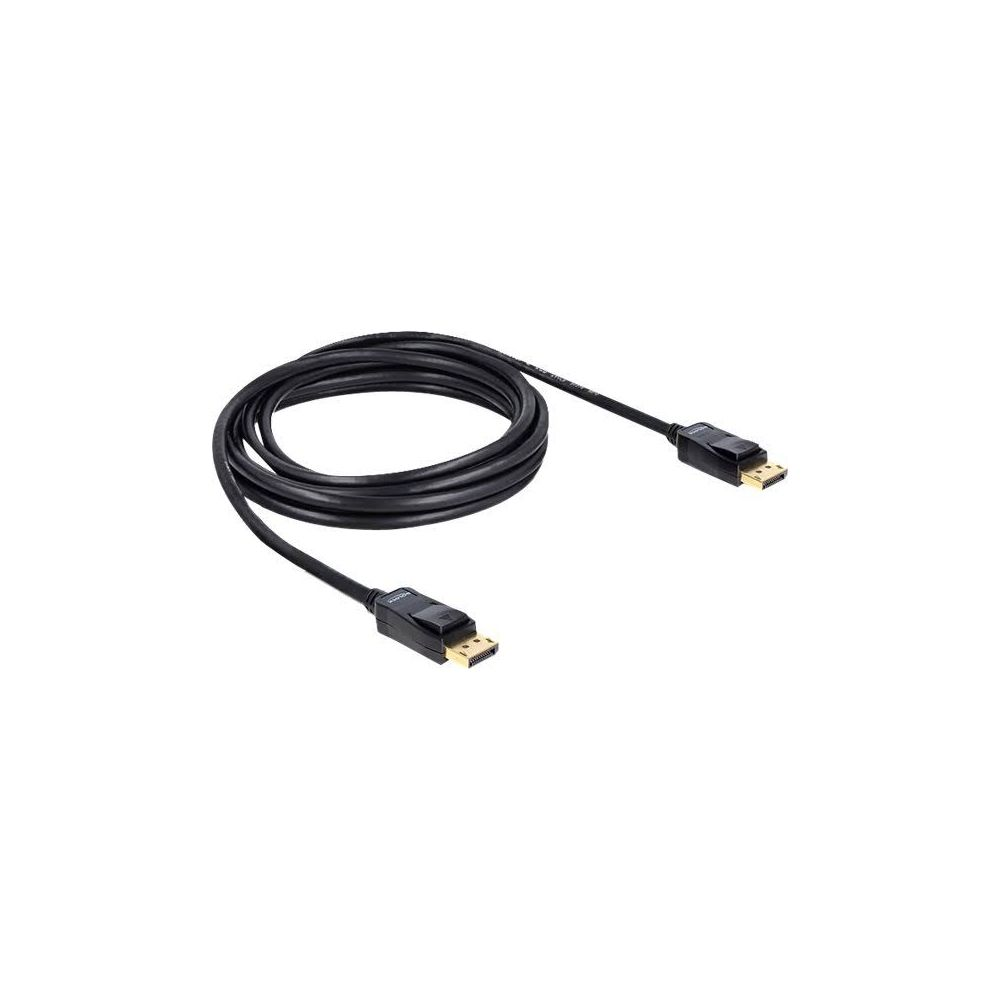 Schwarzes DisplayPort-Kabel mit goldenen Anschlüssen, auf weißem Hintergrund.