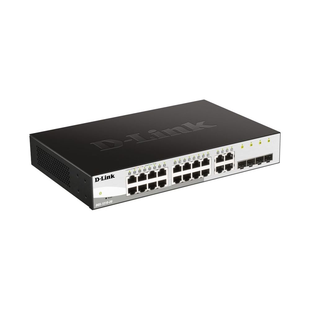 Ein schwarzer D-Link Netzwerk-Switch mit vielen Anschlüssen und Lichtern.