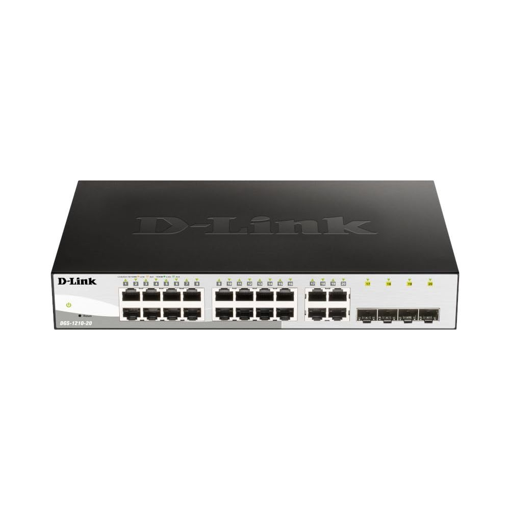 Ein schwarzer D-Link DGS-1210-20 Netzwerk-Switch mit 20 Ports und Statusleuchten.