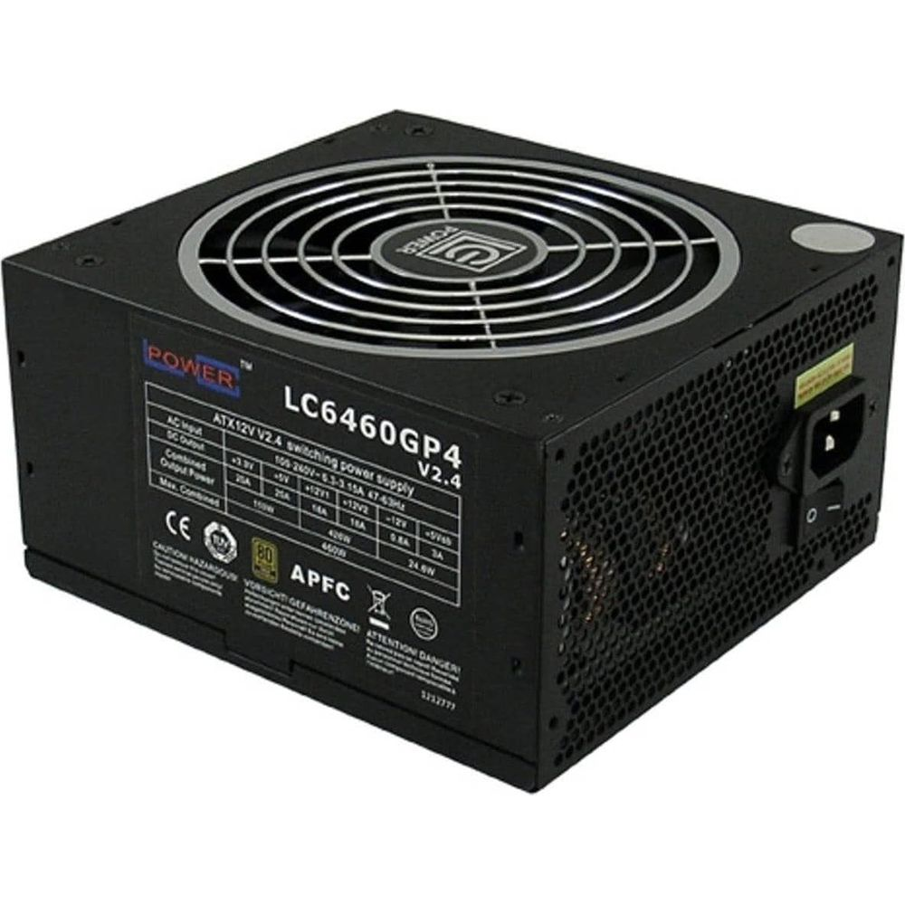 Czarny zasilacz komputerowy z wentylatorem na górze i etykietą techniczną.