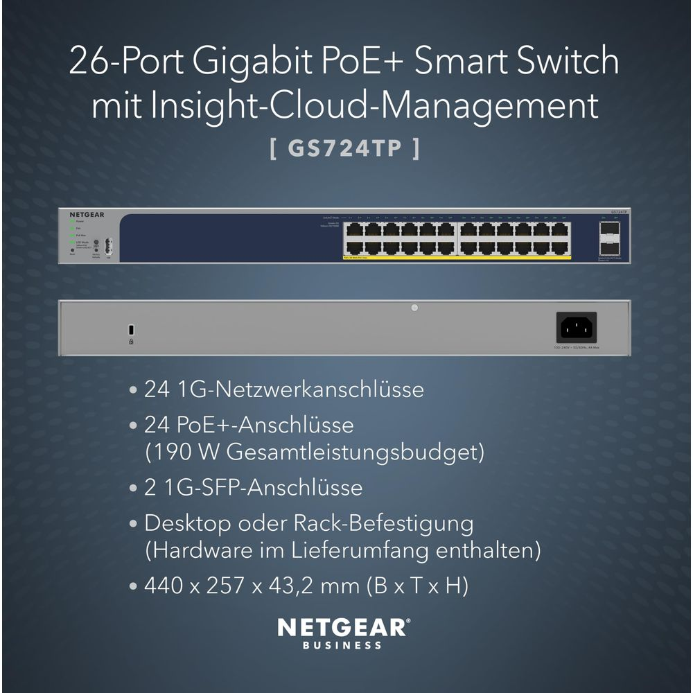 Netgear 26-portowy przełącznik Gigabit PoE+ z zarządzaniem chmurowym.