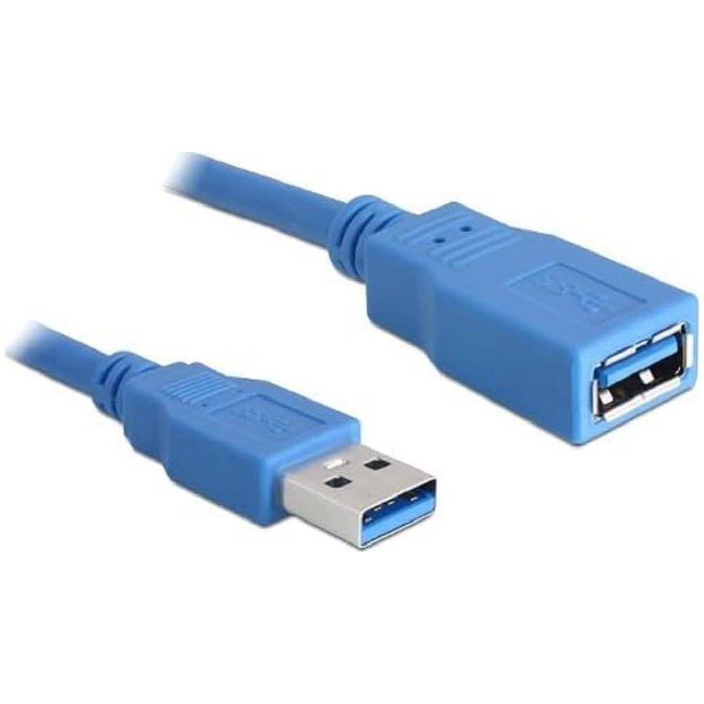 Een blauwe USB 3.0 kabel met een mannelijke stekker en een vrouwelijke poort.