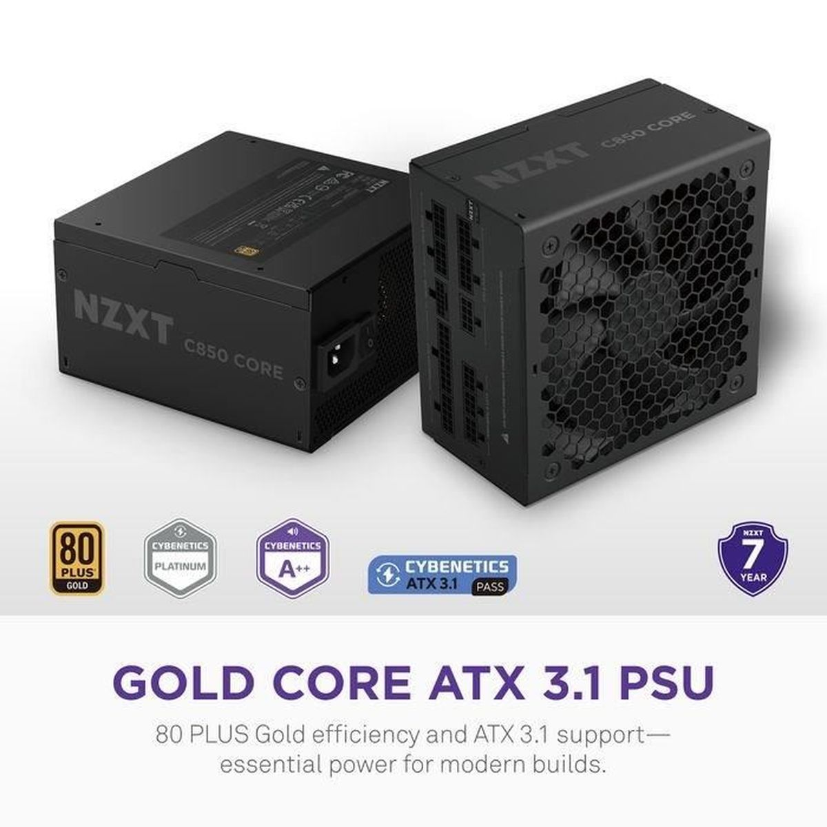 Two black NZXT C850 CORE power supply units with 80 PLUS Gold certification.