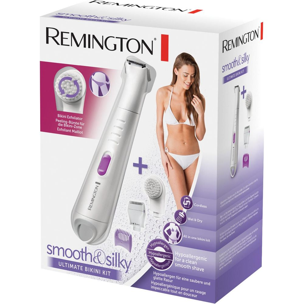 Kit Bikini Remington avec tondeuse, brosse, peigne et mannequin. Femme en bikini.