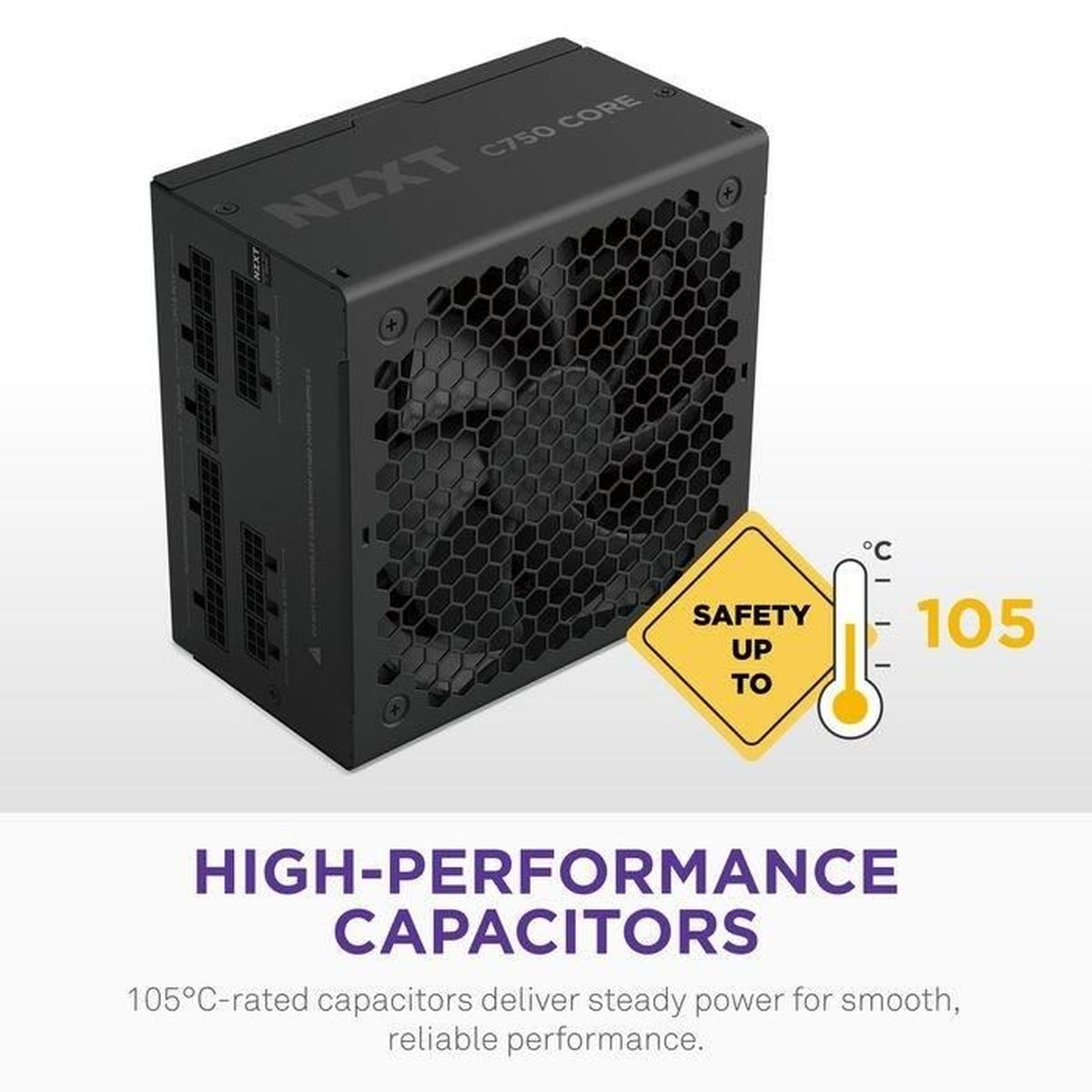 Black PSU with honeycomb fan, yellow caution sign, and thermometer at 105°C.