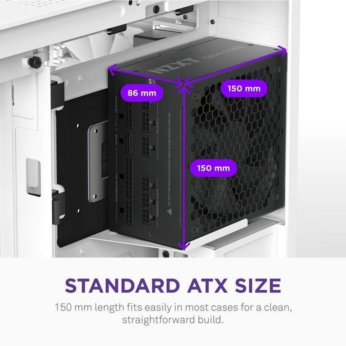 A black power supply unit shown in a white PC case with dimensions 86 mm, 150 mm, and 150 mm.