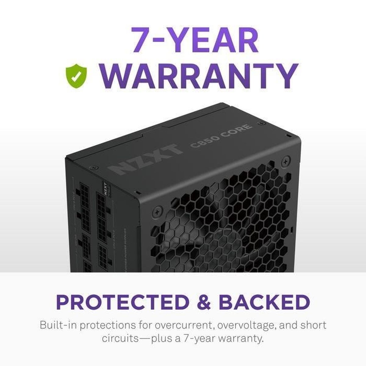 Black NZXT power supply unit with 7-year warranty logo and text.
