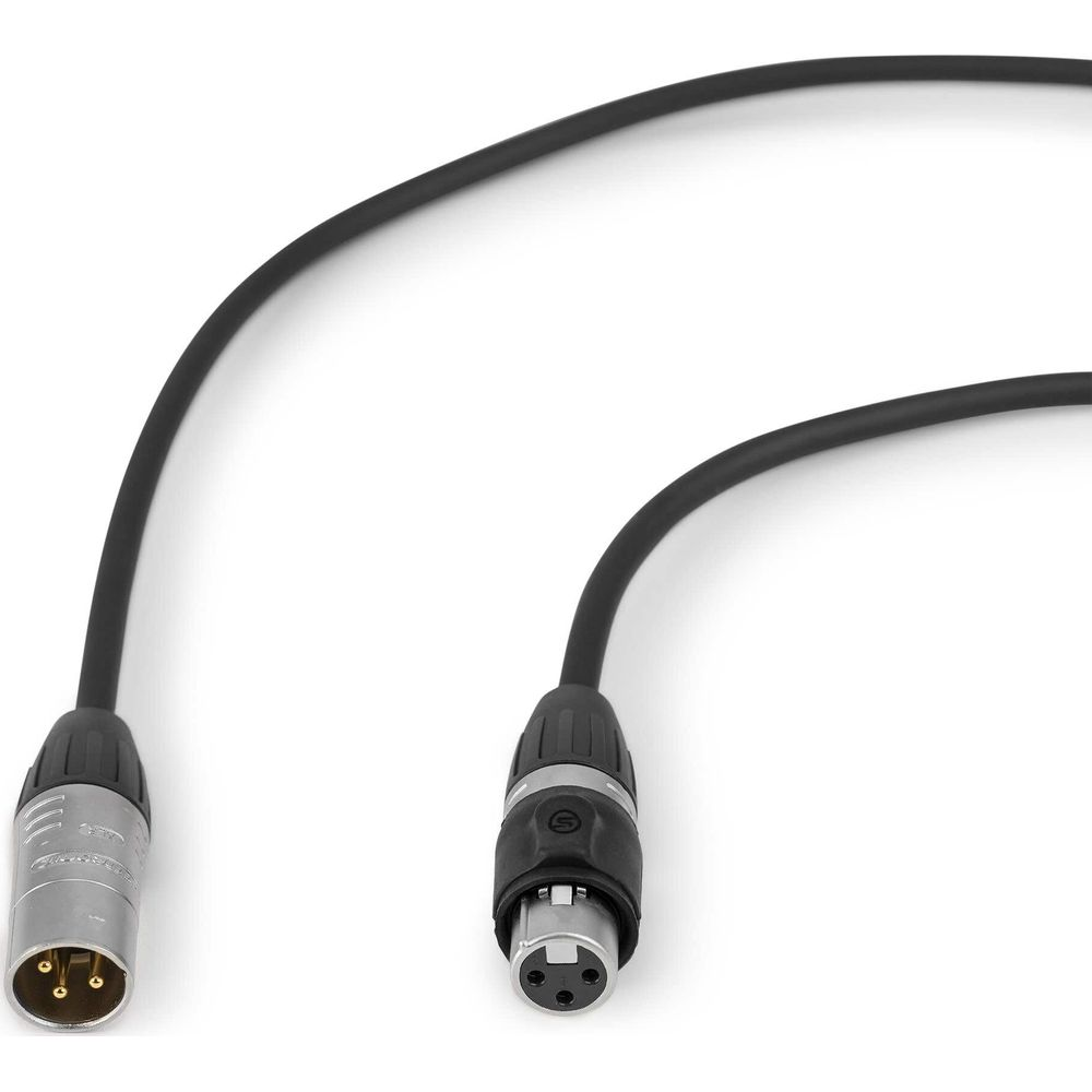 Dos cables XLR con conectores negro y plateado sobre fondo blanco.