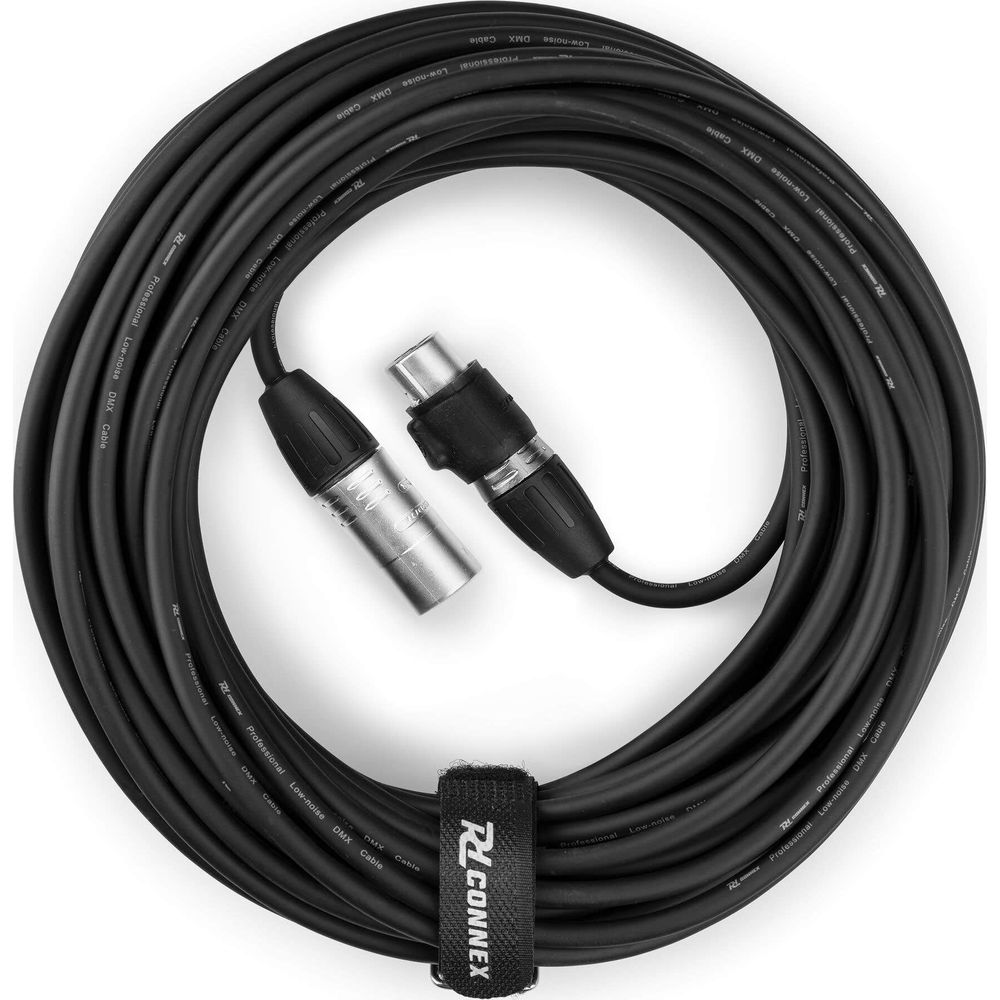 Cable DMX negro enrollado con conectores plateados y negros. Logo Rl Connex.
