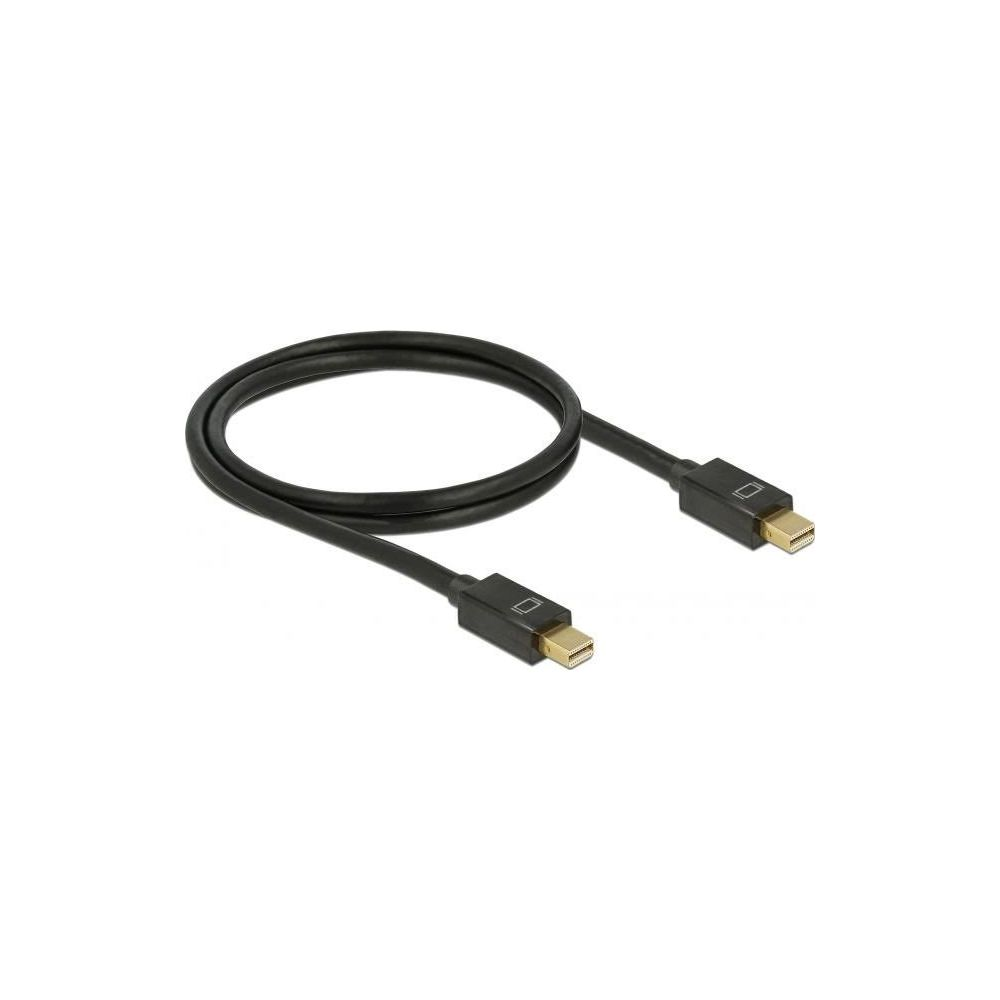 Czarny kabel Mini DisplayPort ze złotymi złączami jest zwinięty na białym tle.