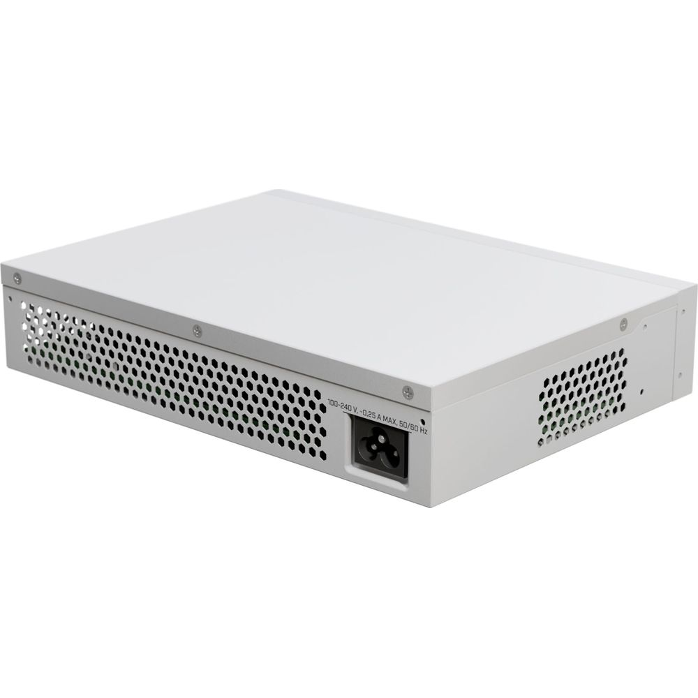 Switch de red blanco con ranuras de ventilaci0on y conector de alimentaci0on.