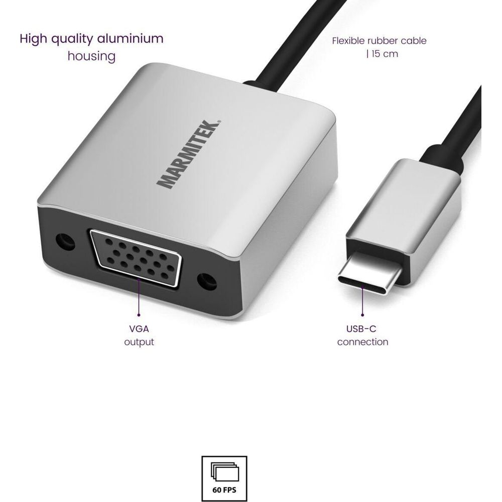 Un adattatore Marmitek argentato con uscita VGA e connessione USB-C.