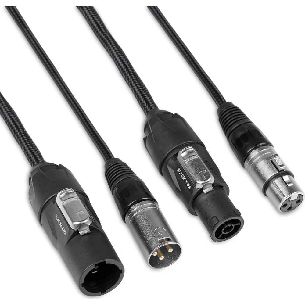 Cuatro cables de audio XLR negros con varios conectores sobre fondo blanco.