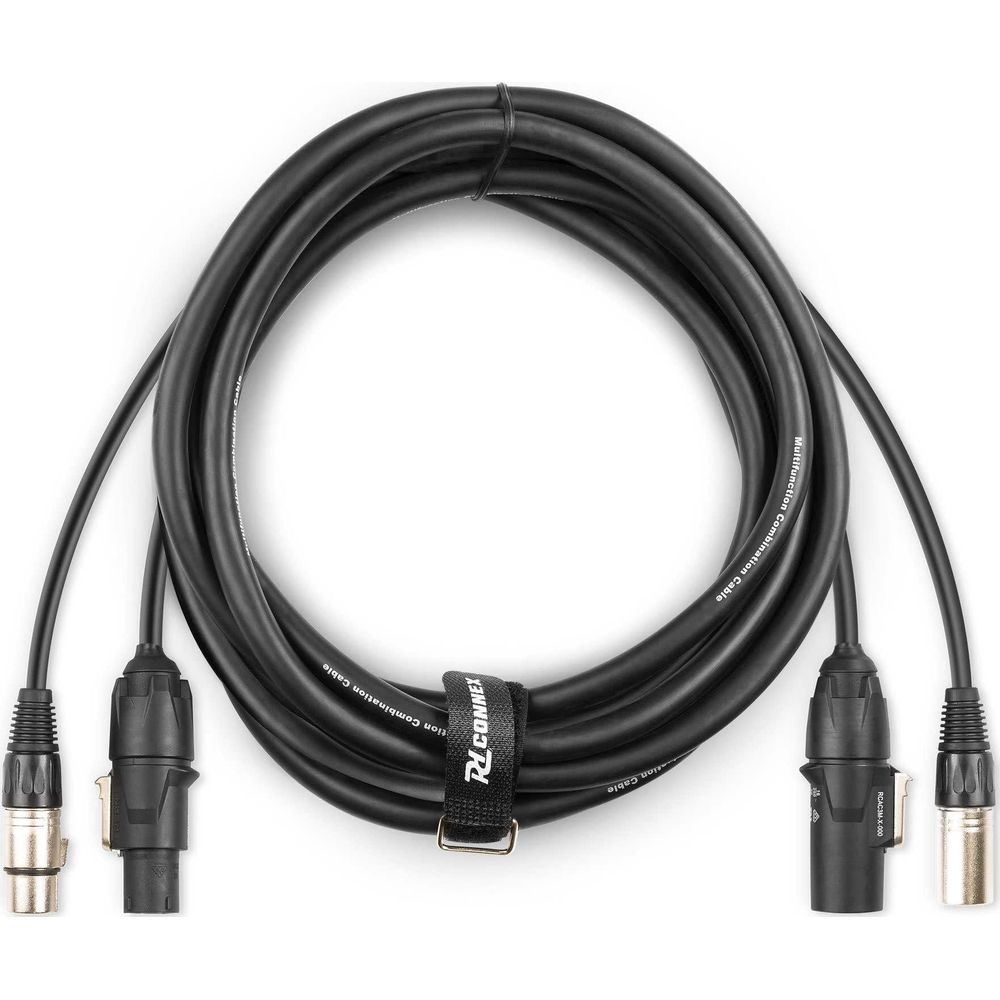 Cable de audio negro con conectores XLR, enrollado y sujeto con correa de velcro.