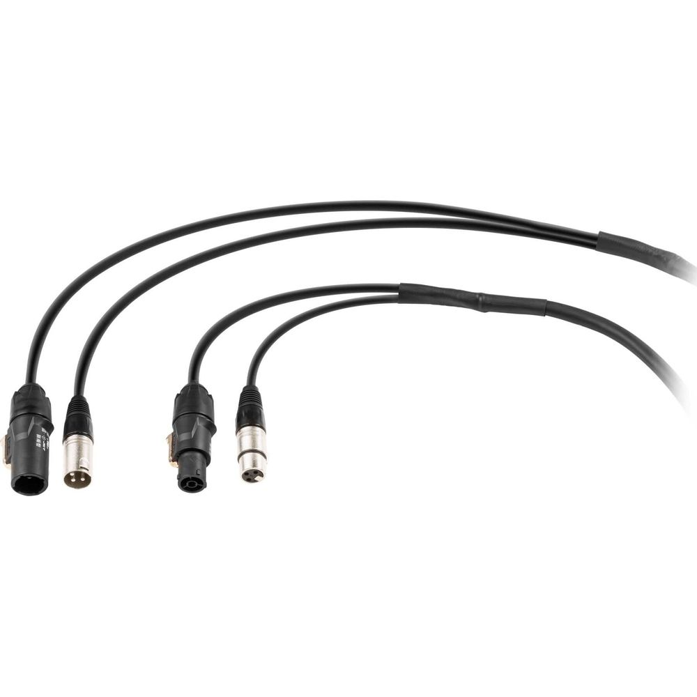 Tres cables de audio negros con varios conectores sobre fondo blanco.