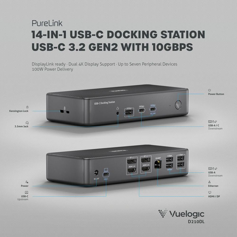 Stazione docking PureLink 14 in 1 USB-C con porte da 10 Gbps.