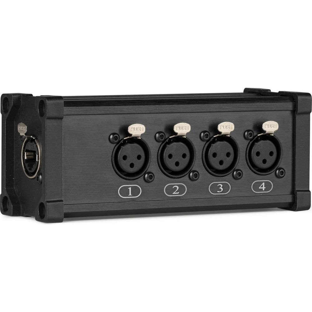 Carcasa negra con cuatro conectores XLR, numerados 1-4.