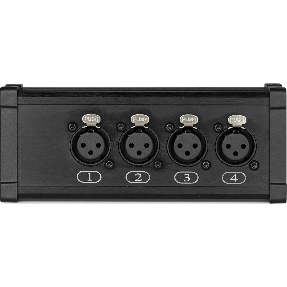 Cuatro entradas XLR etiquetadas 1-4 con botones 'PUSH'. Carcasa de metal negro.