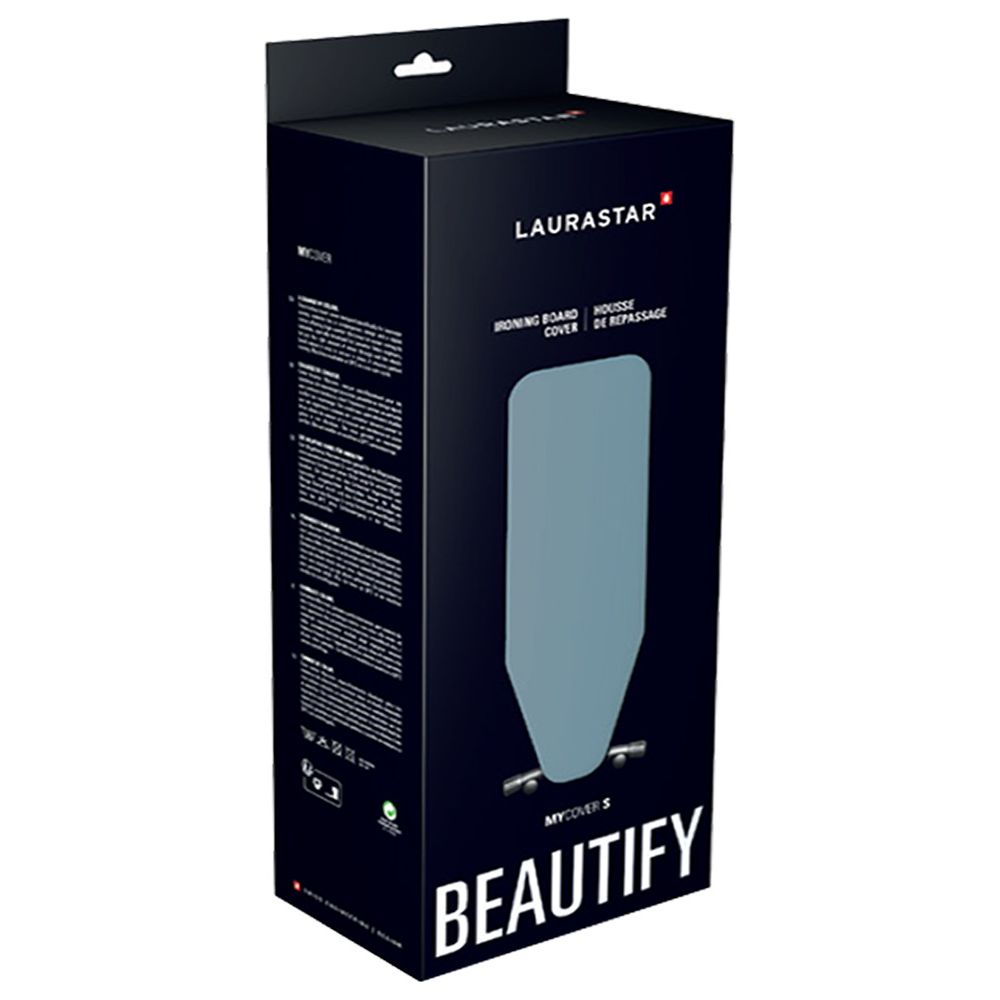 Dunkelblaue Verpackung mit LAURASTAR Schriftzug und Abbildung eines Bügelbrettbezugs.