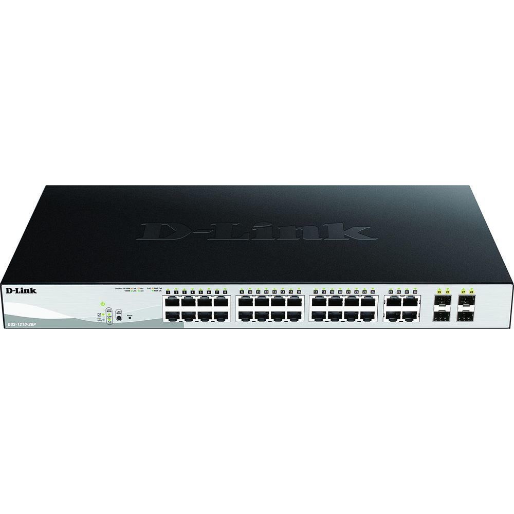 Uno switch di rete D-Link nero con 28 porte e spie luminose.