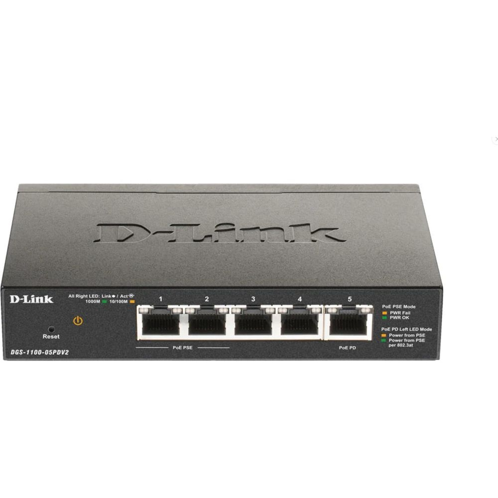 Uno switch di rete D-Link con cinque porte e LED di stato.