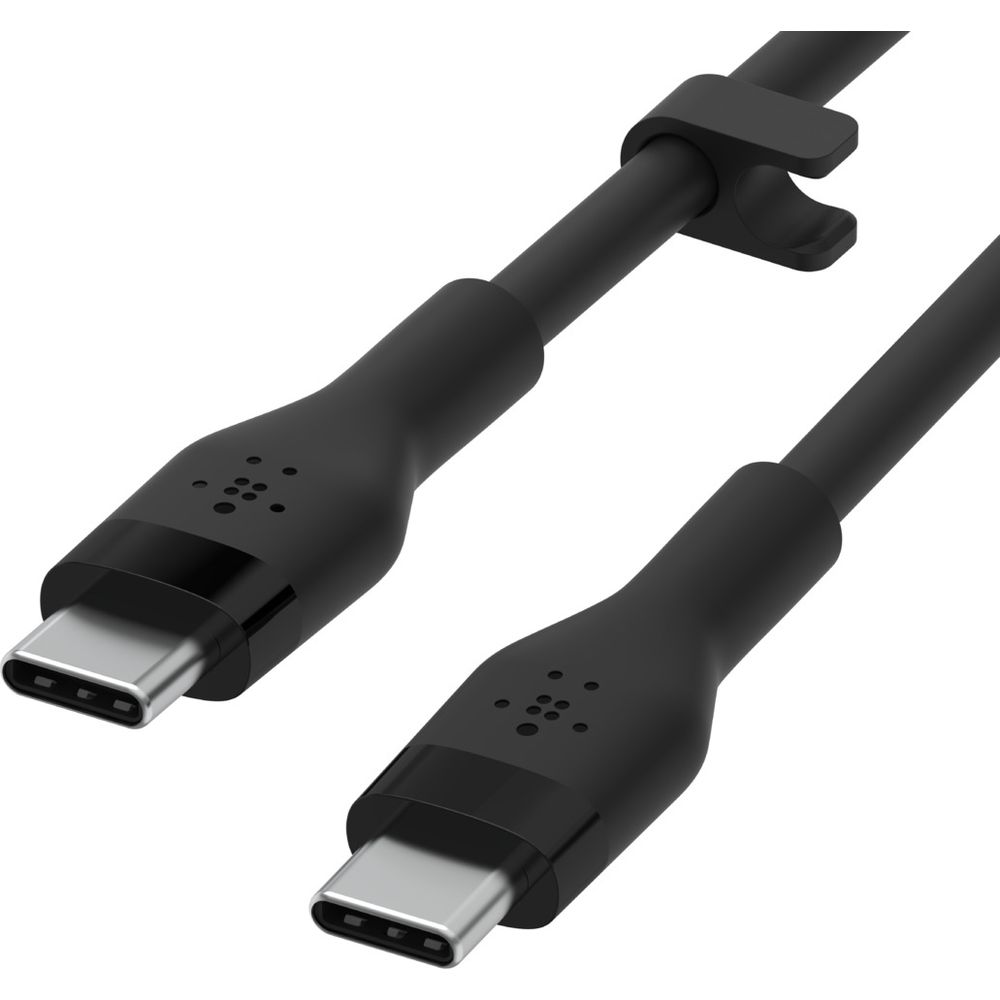 Due cavi USB-C neri con connettori argentati su sfondo bianco.