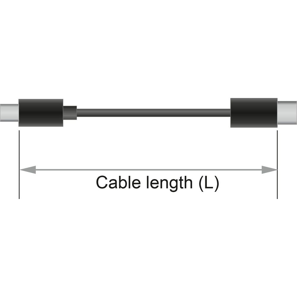 Een zwarte kabel met twee zwarte connectoren, totale lengte aangegeven.